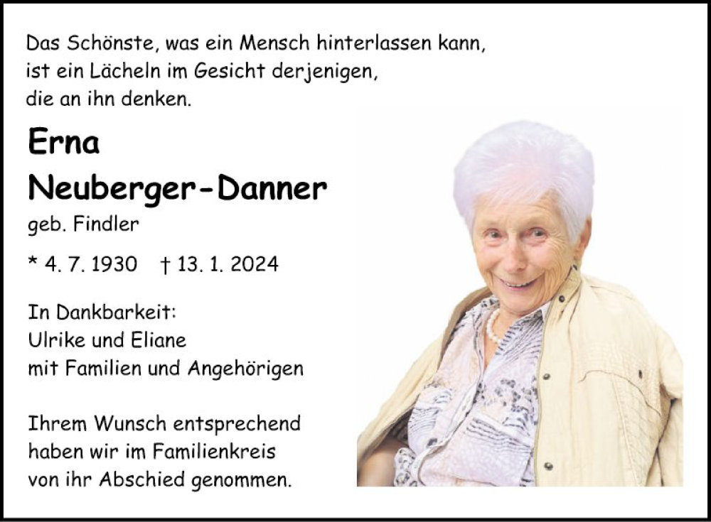  Traueranzeige für Erna Neuberger-Danner vom 27.01.2024 aus Fränkische Nachrichten