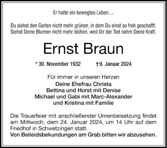 Traueranzeige von Ernst Braun von Mannheimer Morgen