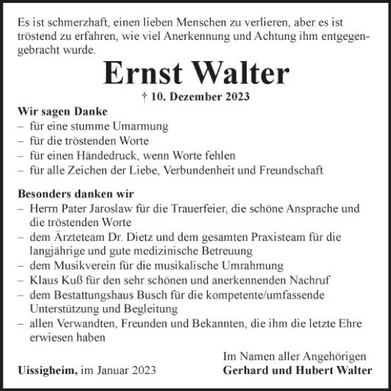 Traueranzeige von Ernst Walter von Fränkische Nachrichten