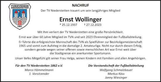 Traueranzeige von Ernst Wollinger von Fränkische Nachrichten