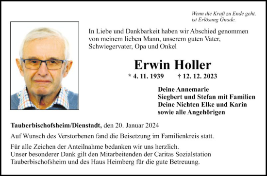 Traueranzeige von Erwin Hohler von Fränkische Nachrichten