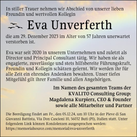 Traueranzeige von Eva Unverferth von Mannheimer Morgen