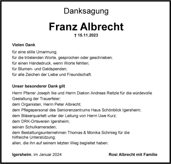 Traueranzeige von Franz Albrecht von Fränkische Nachrichten