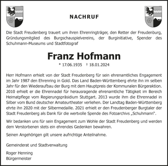 Traueranzeige von Franz Hofmann von Fränkische Nachrichten