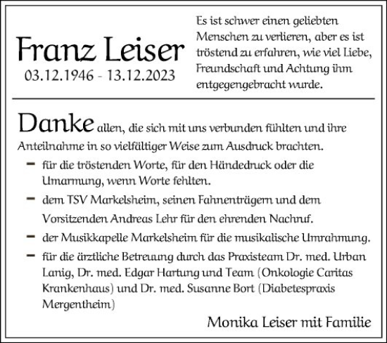 Traueranzeige von Franz Leiser von Fränkische Nachrichten