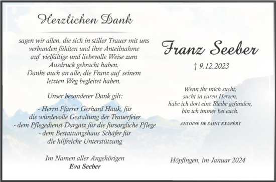 Traueranzeige von Franz Seeber von Fränkische Nachrichten