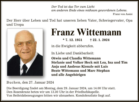 Traueranzeige von Franz Wittemann von Fränkische Nachrichten