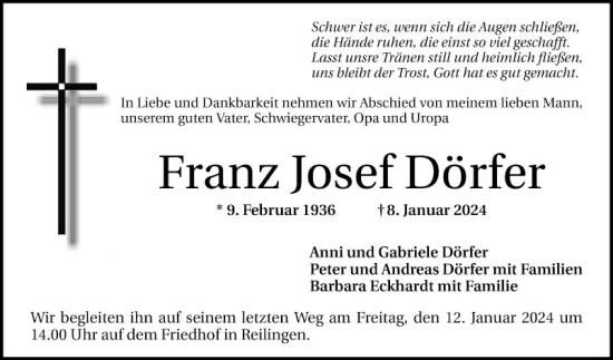 Traueranzeige von Franz Josef Dörfer von Schwetzinger Zeitung