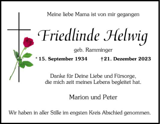 Traueranzeige von Friedlinde Helwig von Mannheimer Morgen