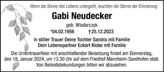 Traueranzeige von Gabi Neudecker von Mannheimer Morgen