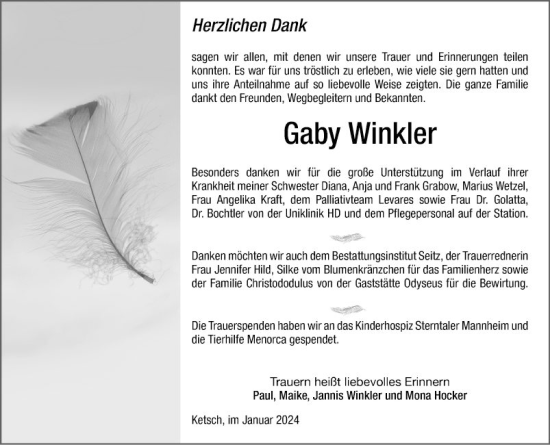 Traueranzeige von Gaby Winkler von Schwetzinger Zeitung