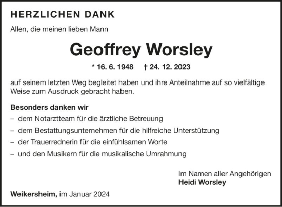 Traueranzeige von Geoffrey Worsley von Fränkische Nachrichten