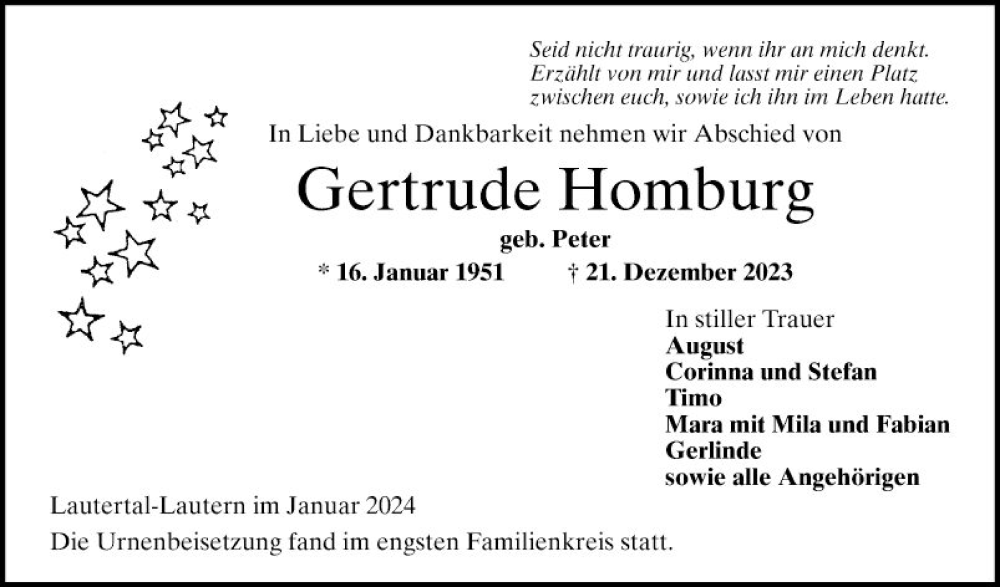  Traueranzeige für Gertrude Homburg vom 20.01.2024 aus Bergsträßer Anzeiger