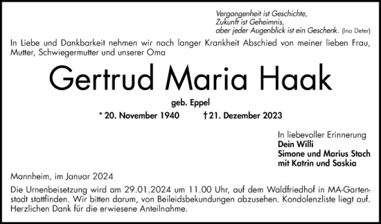 Traueranzeige von Gertrud Maria Haak von Mannheimer Morgen