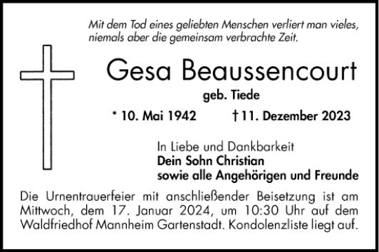 Traueranzeige von Gesa Beaussencourt von Mannheimer Morgen