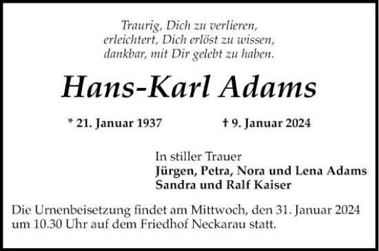 Traueranzeige von Hans-Karl Adams von Mannheimer Morgen