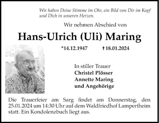 Traueranzeige von Hans-Ulrich Maring von Mannheimer Morgen