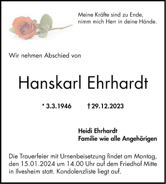 Traueranzeige von Hanskarl Ehrhardt von Mannheimer Morgen