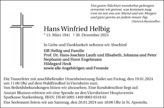 Traueranzeige von Hans Winfried Helbig von Mannheimer Morgen