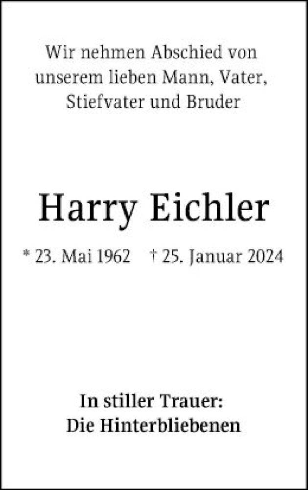  Traueranzeige für Harry Eichler vom 31.01.2024 aus Mannheimer Morgen