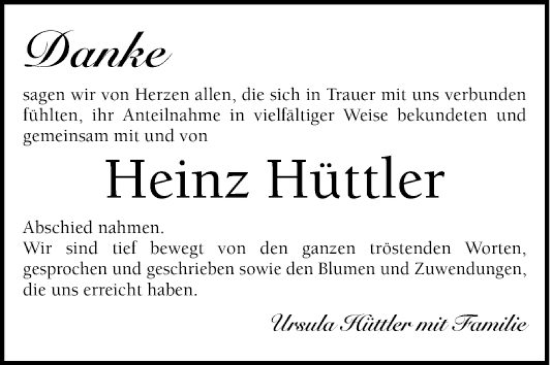 Traueranzeige von Heinz Hüttler von Schwetzinger Zeitung