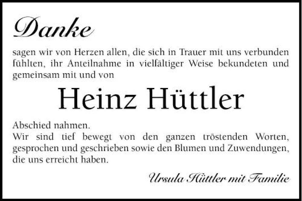  Traueranzeige für Heinz Hüttler vom 13.01.2024 aus Schwetzinger Zeitung