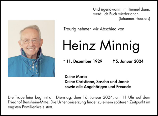 Traueranzeige von Heinz Minnig von Bergsträßer Anzeiger
