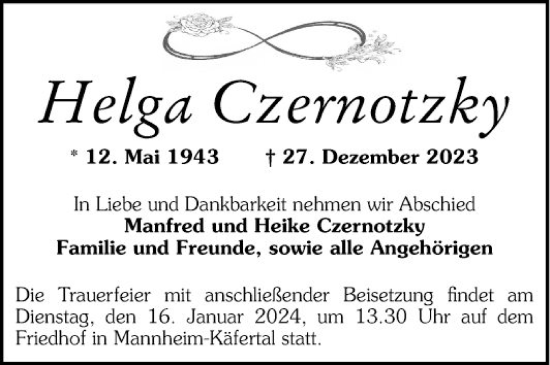 Traueranzeige von Helga Czernotzky von Mannheimer Morgen