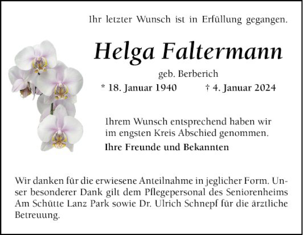  Traueranzeige für Helga Faltermann vom 19.01.2024 aus Schwetzinger Zeitung