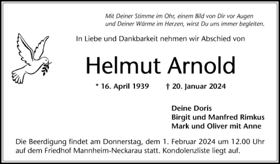 Traueranzeige von Helmut Arnold von Mannheimer Morgen