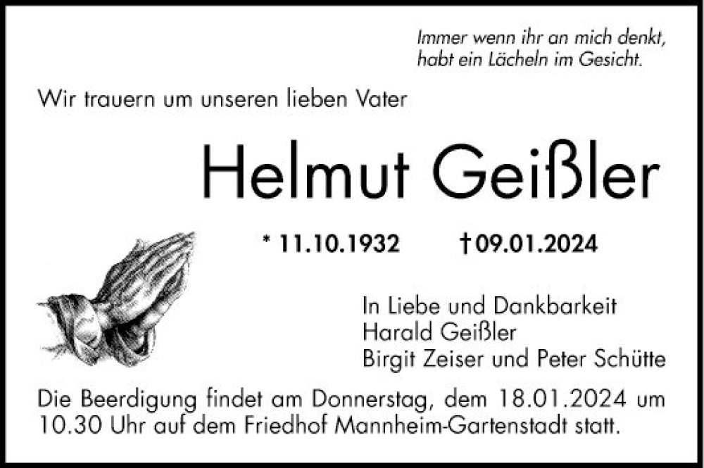  Traueranzeige für Helmut Geißler vom 13.01.2024 aus Mannheimer Morgen
