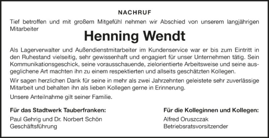 Traueranzeige von Henning Wendt von Fränkische Nachrichten