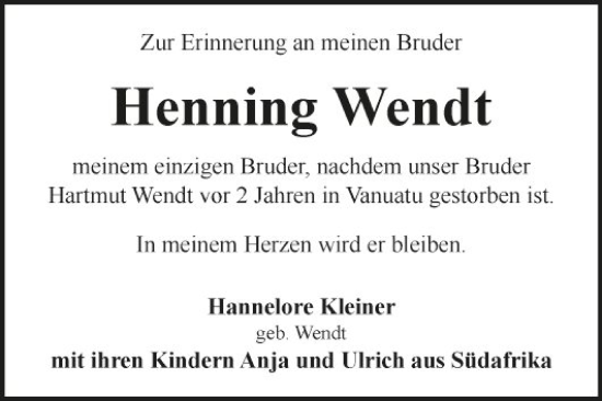 Traueranzeige von Henning Wendt von Fränkische Nachrichten