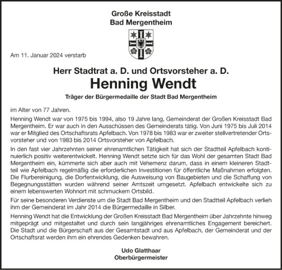 Traueranzeige von Henning Wendt von Fränkische Nachrichten