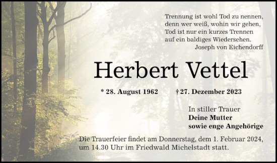 Traueranzeige von Herbert Vettel von Bergsträßer Anzeiger