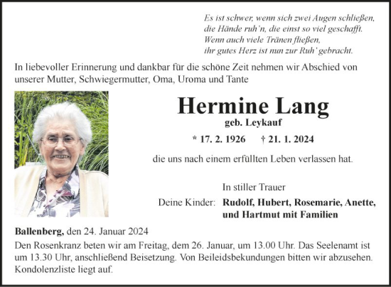 Traueranzeigen von Hermine Lang | Trauerportal Ihrer Tageszeitung
