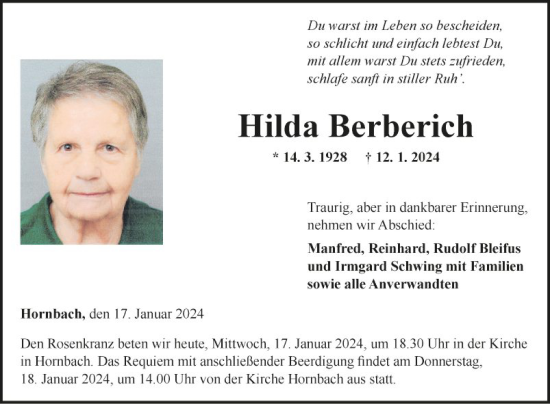 Traueranzeige von Hilda Berberich von Fränkische Nachrichten