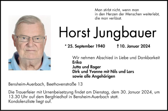 Traueranzeige von Horst Jungbauer von Bergsträßer Anzeiger