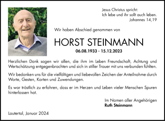 Traueranzeige von Horst Steinmann von Bergsträßer Anzeiger