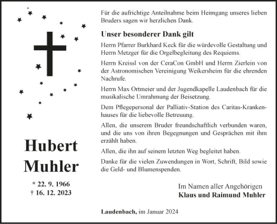 Traueranzeige von Hubert Muhler von Fränkische Nachrichten