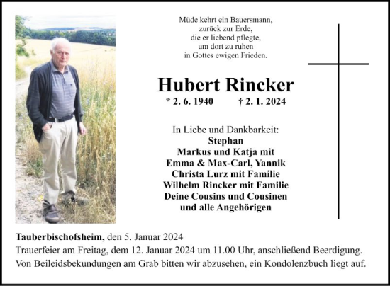 Traueranzeige von Hubert Rincker von Fränkische Nachrichten