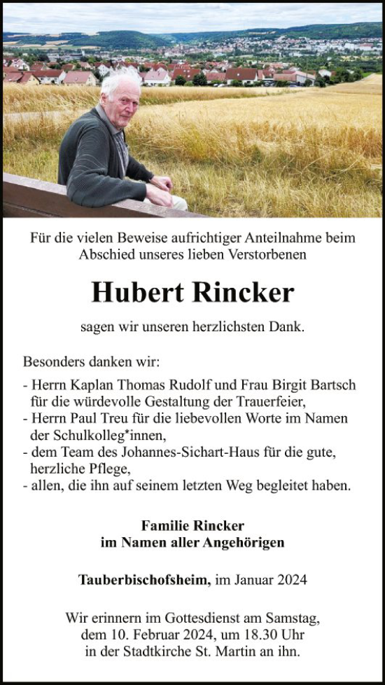 Traueranzeige von Hubert Rincker von Fränkische Nachrichten