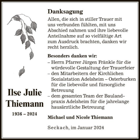 Traueranzeige von Ilse  Thiemann von Fränkische Nachrichten