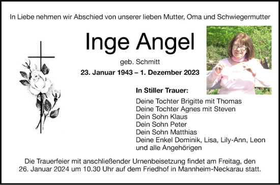 Traueranzeige von Inge Angel von Mannheimer Morgen