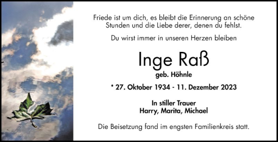 Traueranzeige von Inge Raß von Bergsträßer Anzeiger