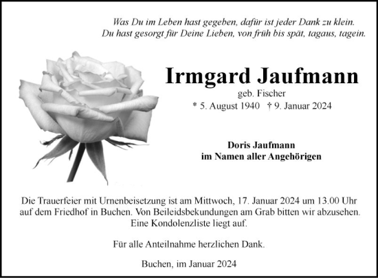 Traueranzeige von Irmgard Jaufmann von Fränkische Nachrichten