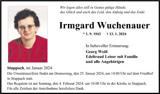 Traueranzeige von Irmgard Wuchenauer von Fränkische Nachrichten