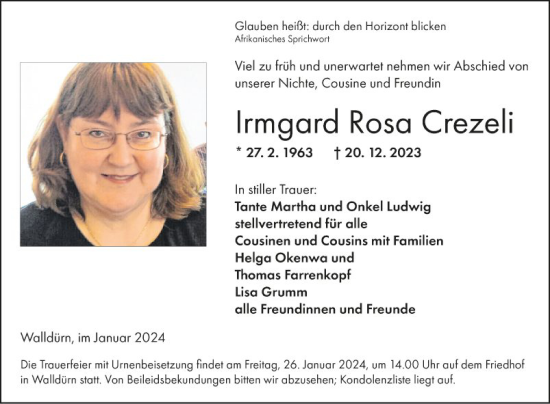 Traueranzeige von Irmgard Rosa Crezeli von Fränkische Nachrichten