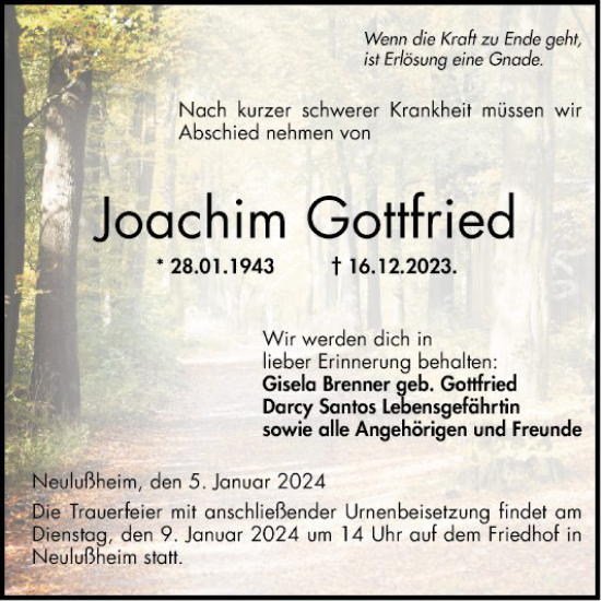 Traueranzeige von Joachim Gottfried von Schwetzinger Zeitung
