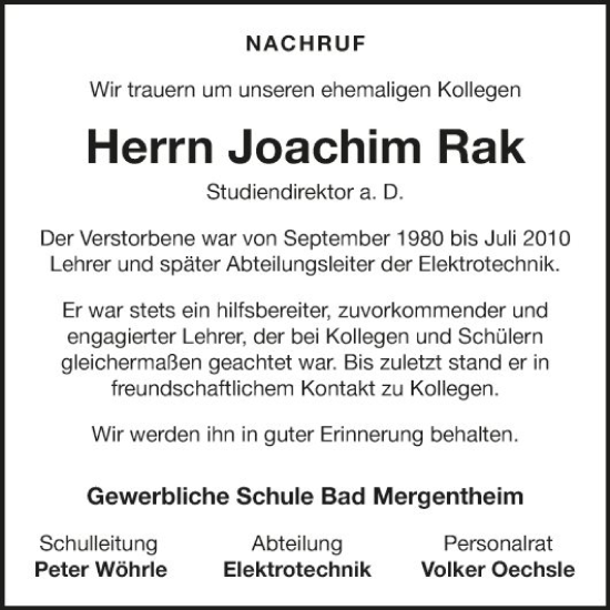 Traueranzeige von Joachim Rak von Fränkische Nachrichten